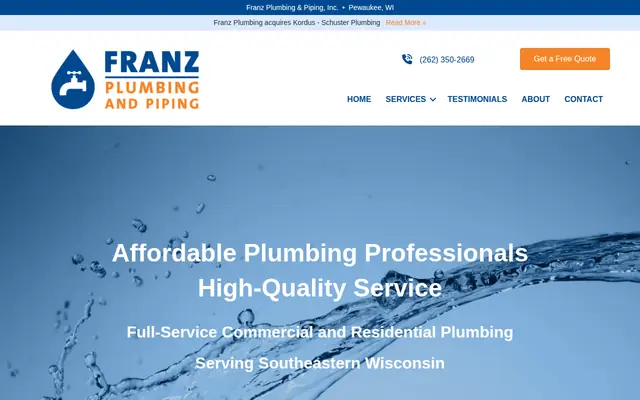 Screenshot of the Franz Plumbing and Piping, Inc. homepage as it appeared on 2026-09-08, captured at desktop width.