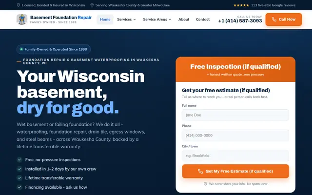 Screenshot of the Basement Foundation Repair homepage as it appeared on 2026-09-08, captured at desktop width.