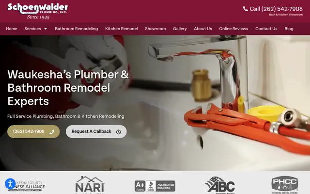 Screenshot of the Schoenwalder Plumbing Inc homepage as it appeared on 2026-09-08, captured at desktop width.
