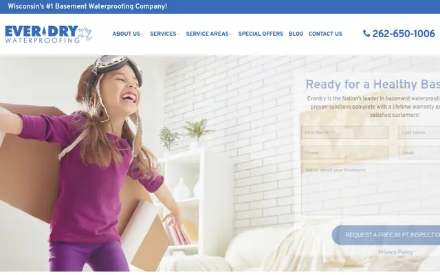 Screenshot of the Everdry Waterproofing of Wisconsin homepage as it appeared on 2026-09-08, captured at desktop width.