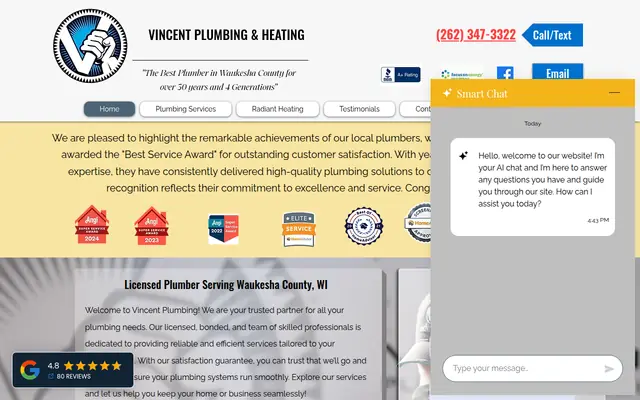 Screenshot of the Vincent Plumbing & Heating homepage as it appeared on 2026-09-08, captured at desktop width.