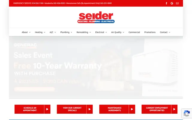 Screenshot of the Seider Heating, Plumbing & Electrical homepage as it appeared on 2026-09-08, captured at desktop width.