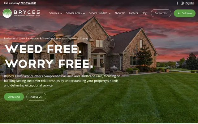 Screenshot of the Bryce's Lawn Service homepage as it appeared on 2026-09-08, captured at desktop width.