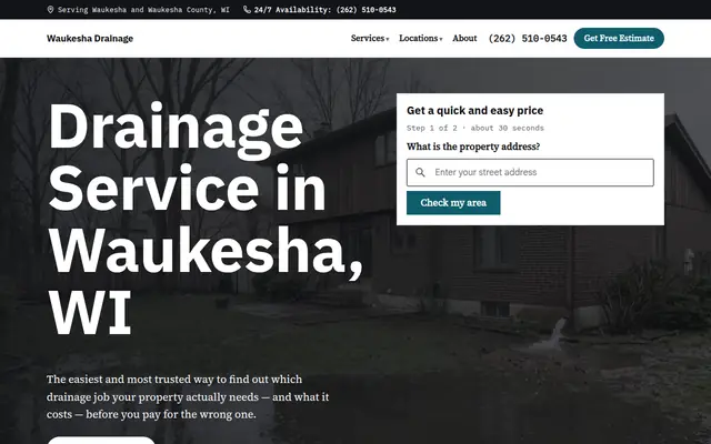 Screenshot of the Waukesha Drainage homepage: the headline, a short form asking for a property address, and a panel reading the current local rainfall.
