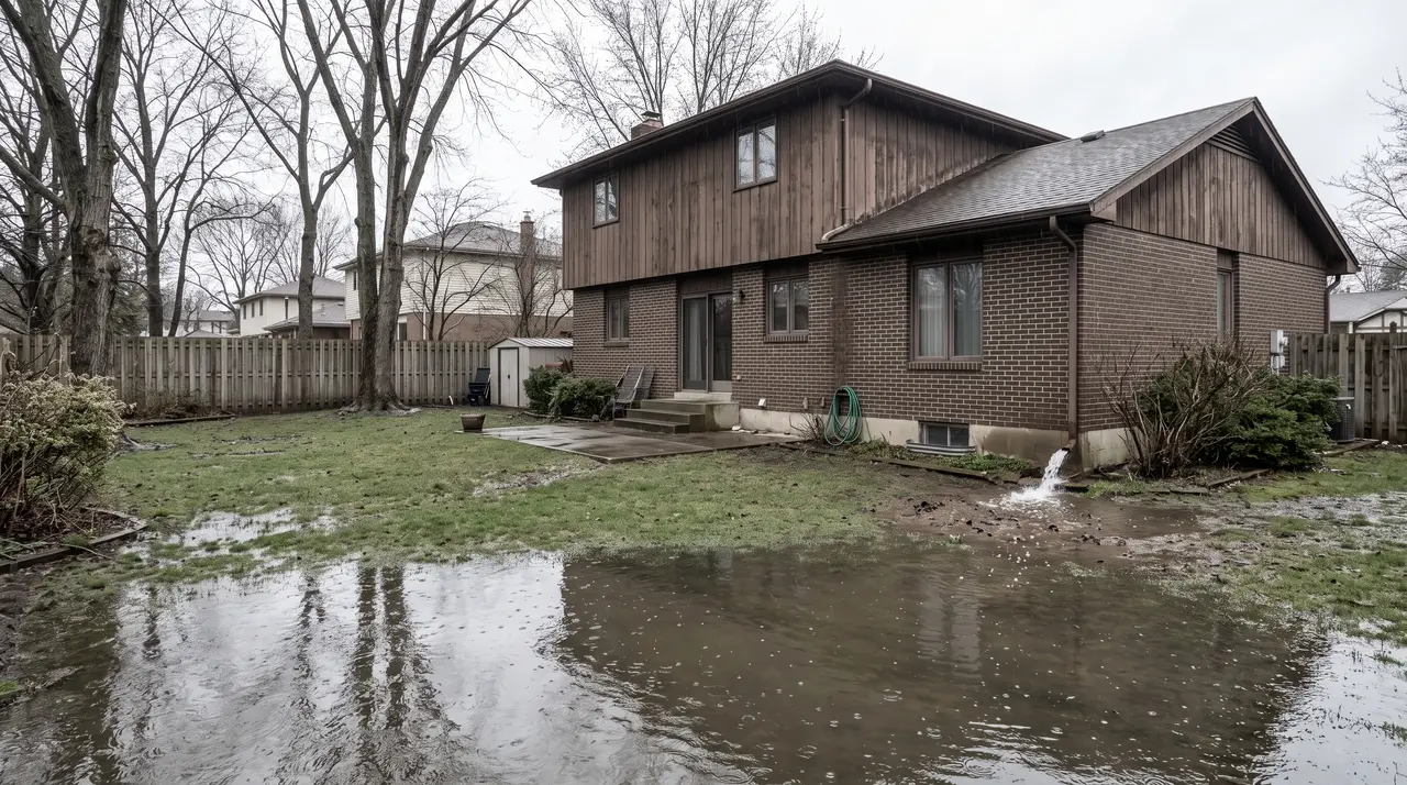 A suburban back yard the morning after heavy rain, with a wide sheet of standing water lying across a low corner of the lawn and a downspout discharging onto saturated ground close to the house.