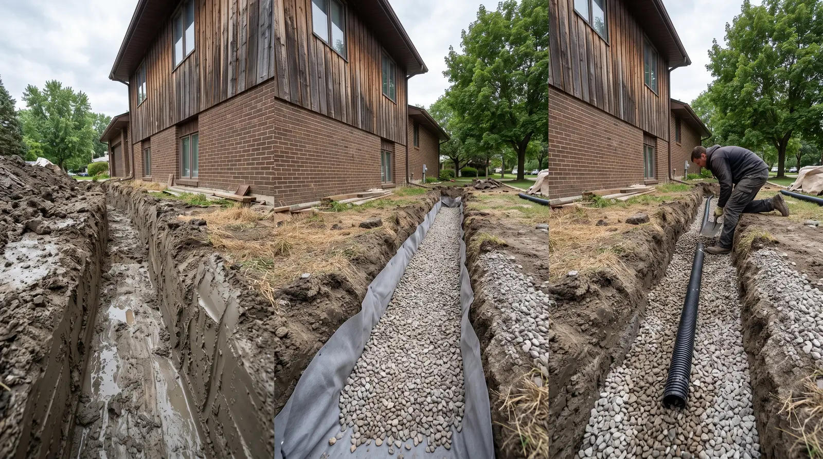Four photographs of the same trench in sequence: open cut, stone bed, perforated pipe laid in the stone, then stone filled level to the surface.