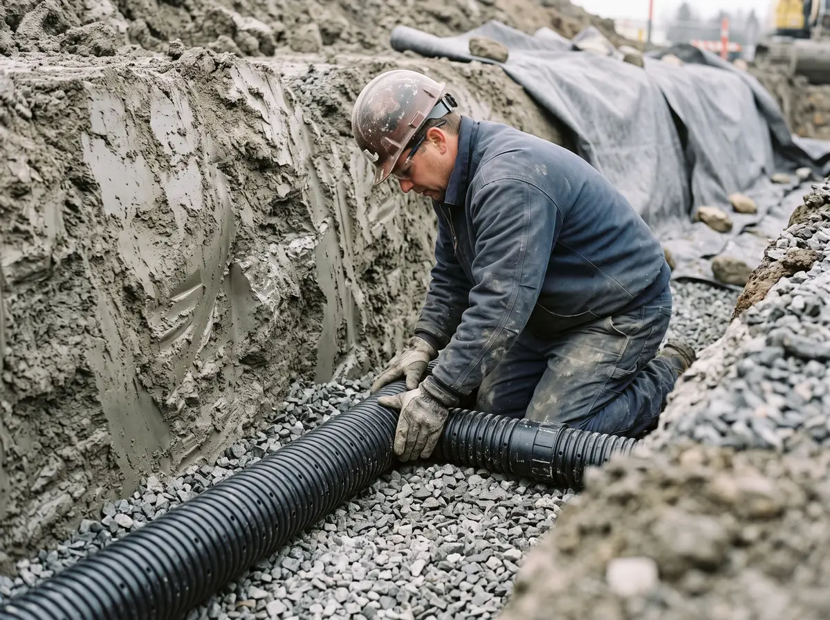 A worker kneeling at the edge of an open trench, seating perforated pipe into a bed of washed stone with both hands.